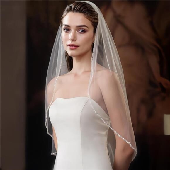 Wedding Veil Pearls and Crystals Beaded Edge 1 Tier Fingertip Length Bridal Veil main image 4